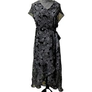 A New Day Target Black Floral Cap Sleeve Faux Wrap Lined Flowy Ruffled Dress LG